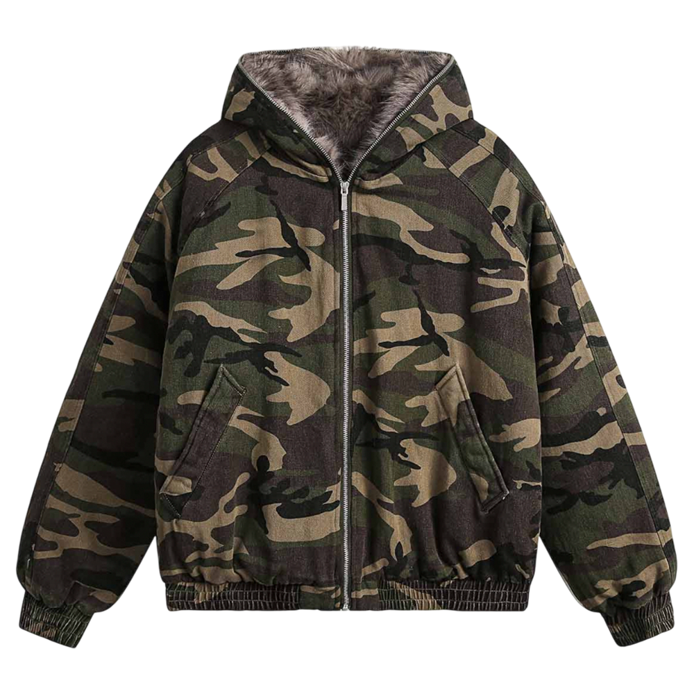 DAMNED CULT DARK CAMOUFLAGE FUR HOODED JACKET - Damned Cult
