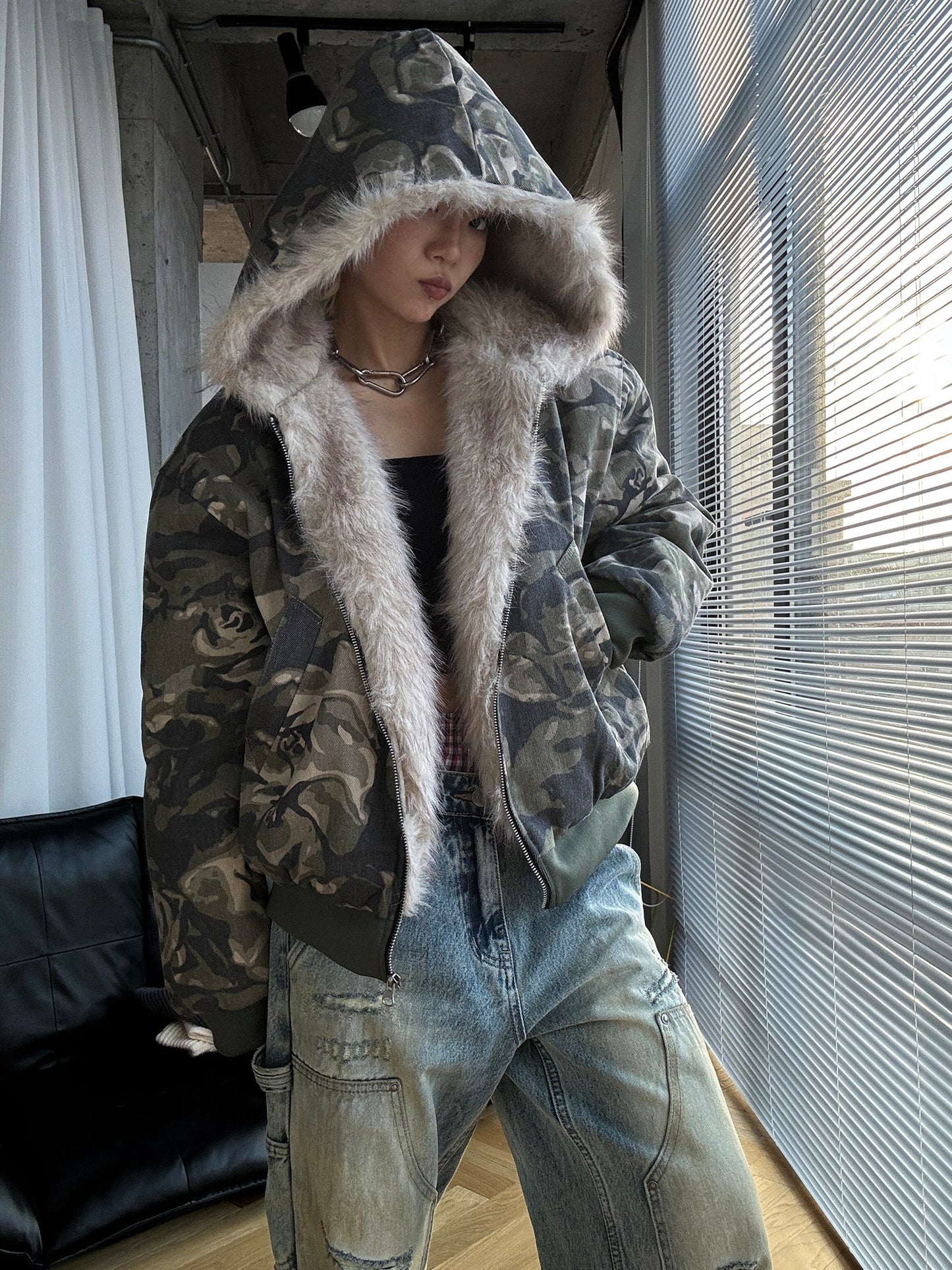 DAMNED CULT CAMOUFLAGE FUR HOODED JACKET - Damned Cult