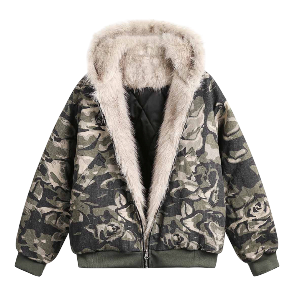 DAMNED CULT CAMOUFLAGE FUR HOODED JACKET