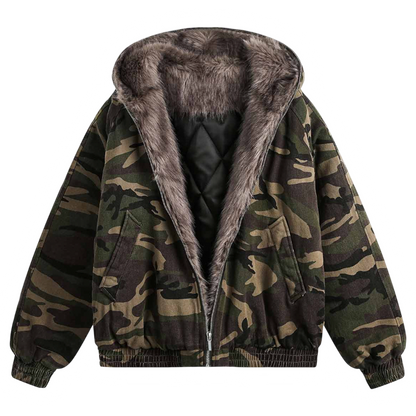 DAMNED CULT DARK CAMOUFLAGE FUR HOODED JACKET - Damned Cult
